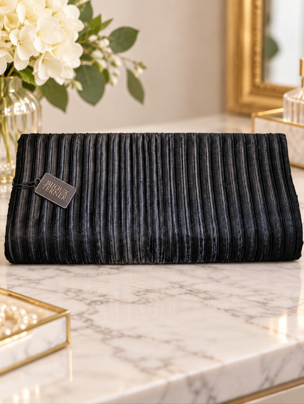 BIJOUX TERNER | Black Pleated Satin Evening Clutch Original Hang Tag